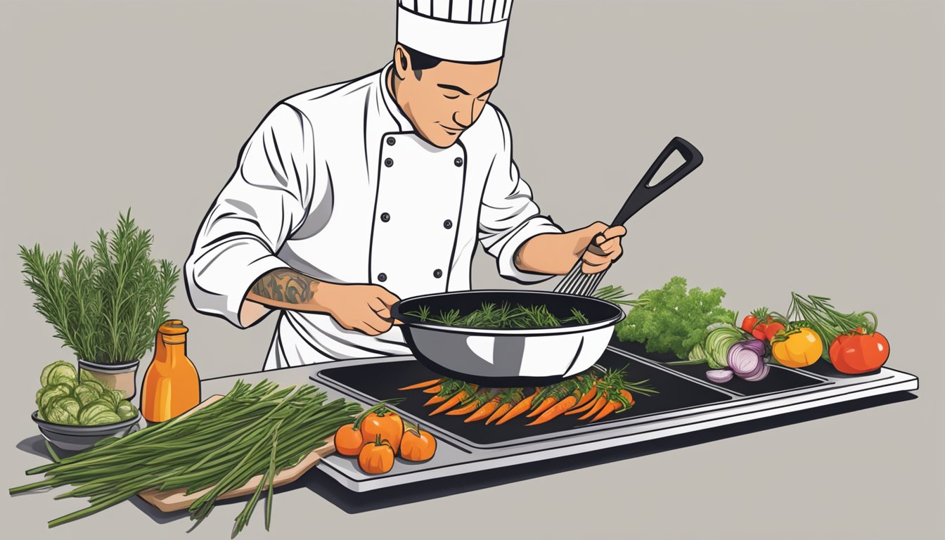 A chef adding fresh rosemary stems to a sizzling pan of vegetables