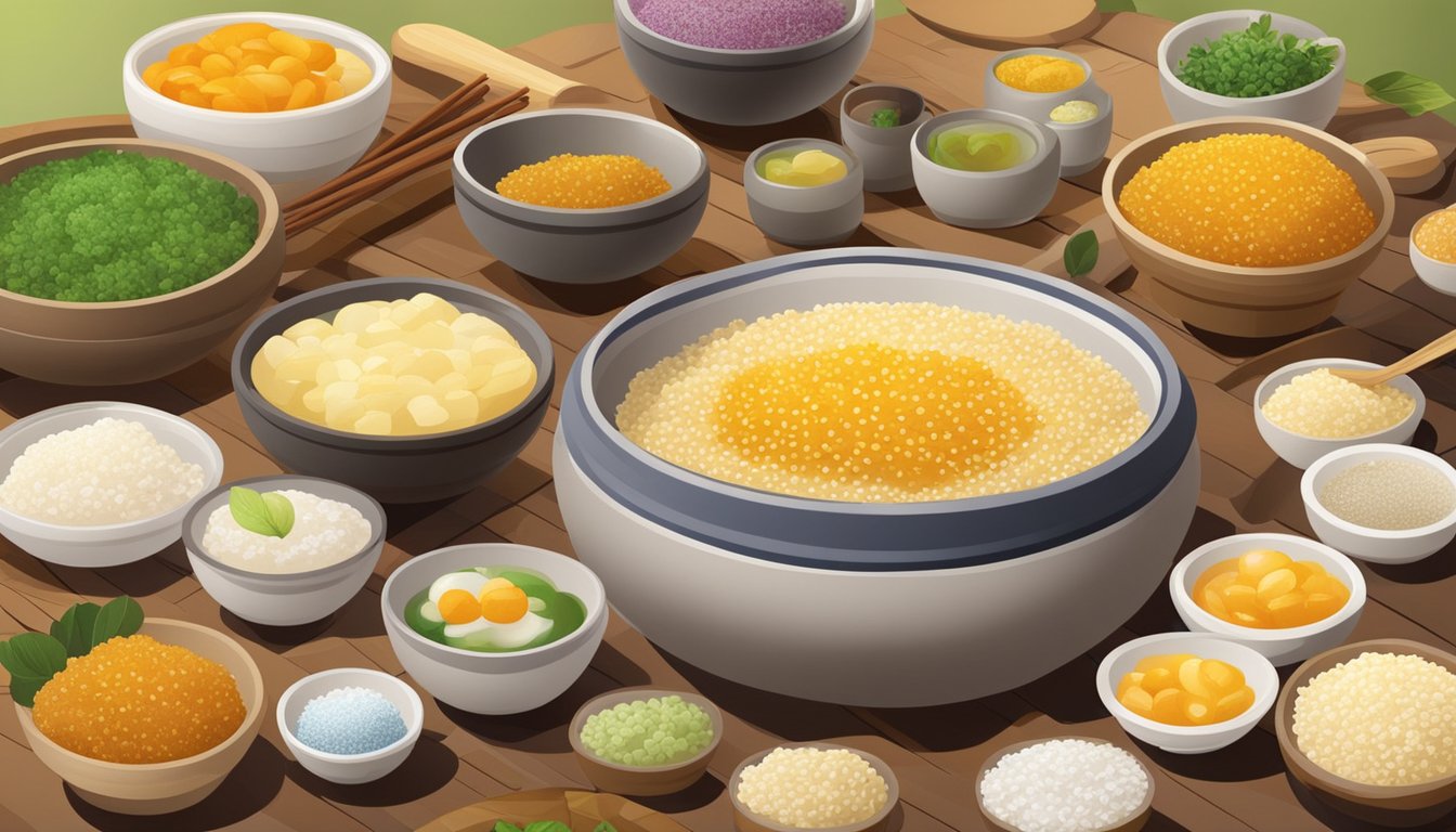 A table with bowls of sago pudding from various cultures, surrounded by traditional utensils and ingredients