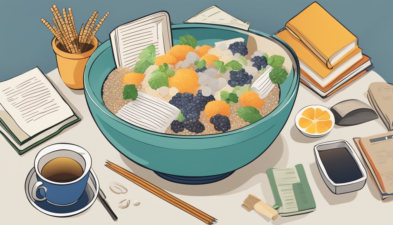 A bowl of cooked sago surrounded by various sources of information, including books, research papers, and internet articles