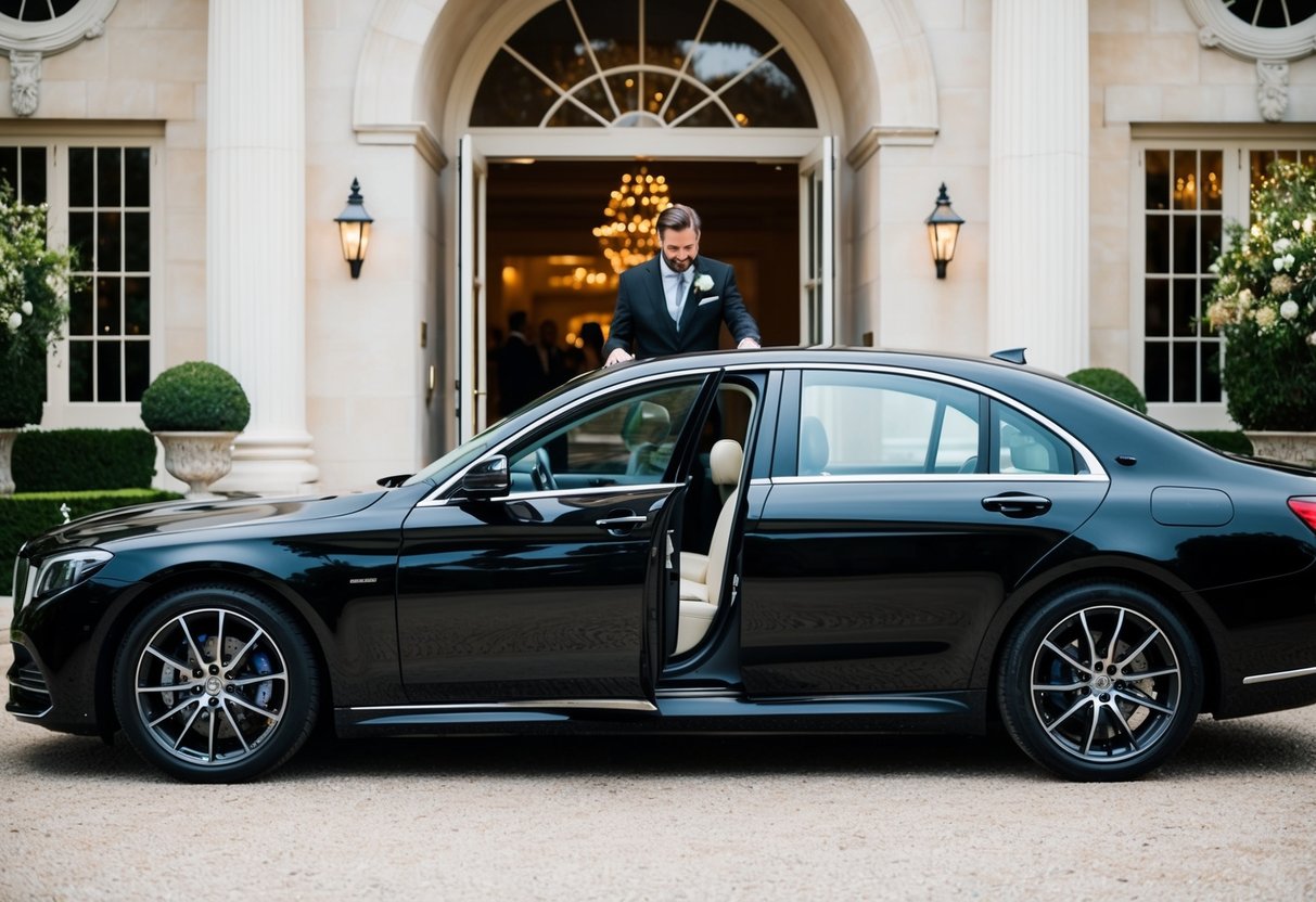 A sleek black car pulls up to the grand entrance of the wedding venue, the driver stepping out to open the door for the first guest