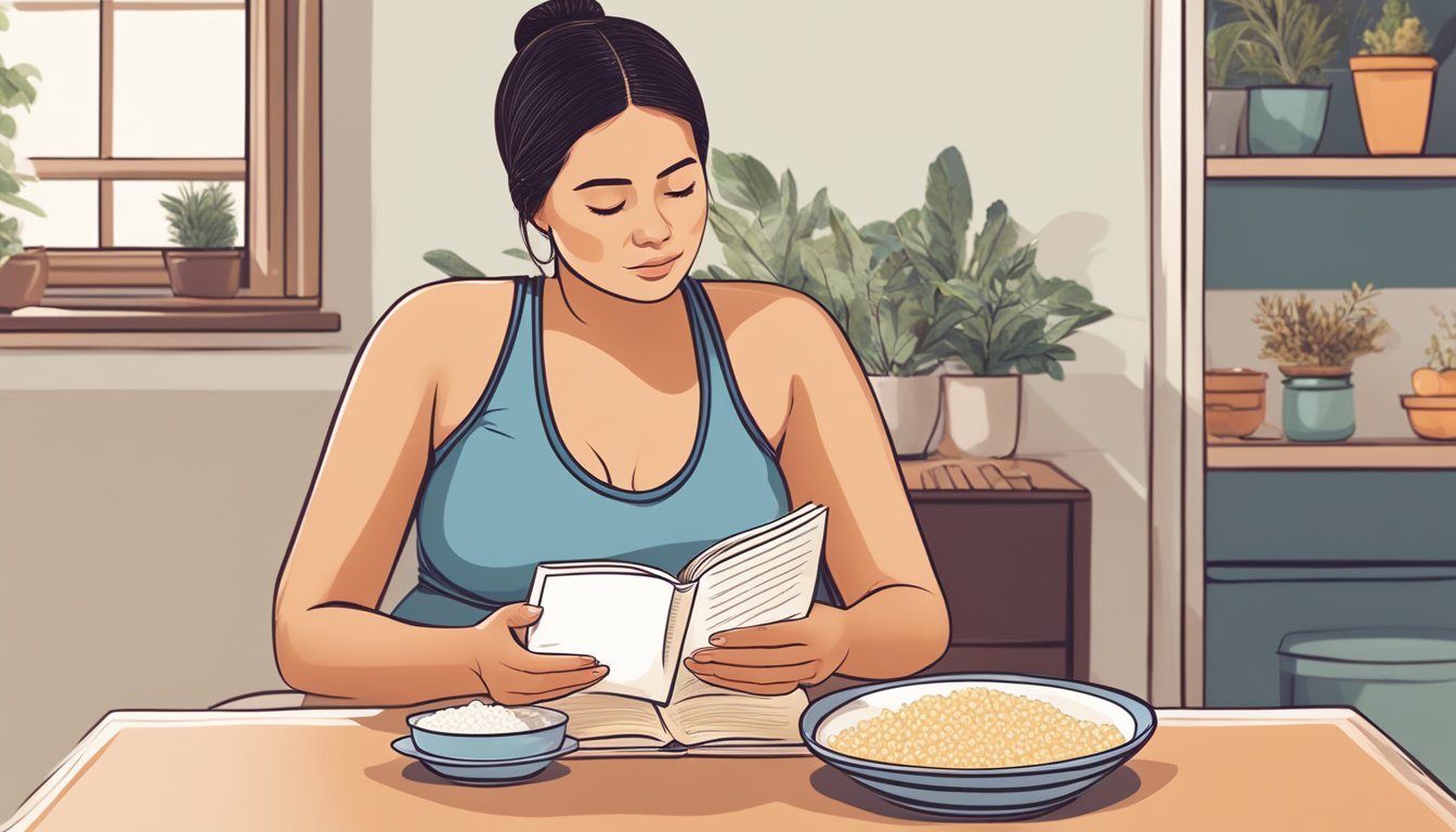 A pregnant woman sitting at a table with a bowl of cooked sago in front of her, looking unsure while reading a book about pregnancy and nutrition