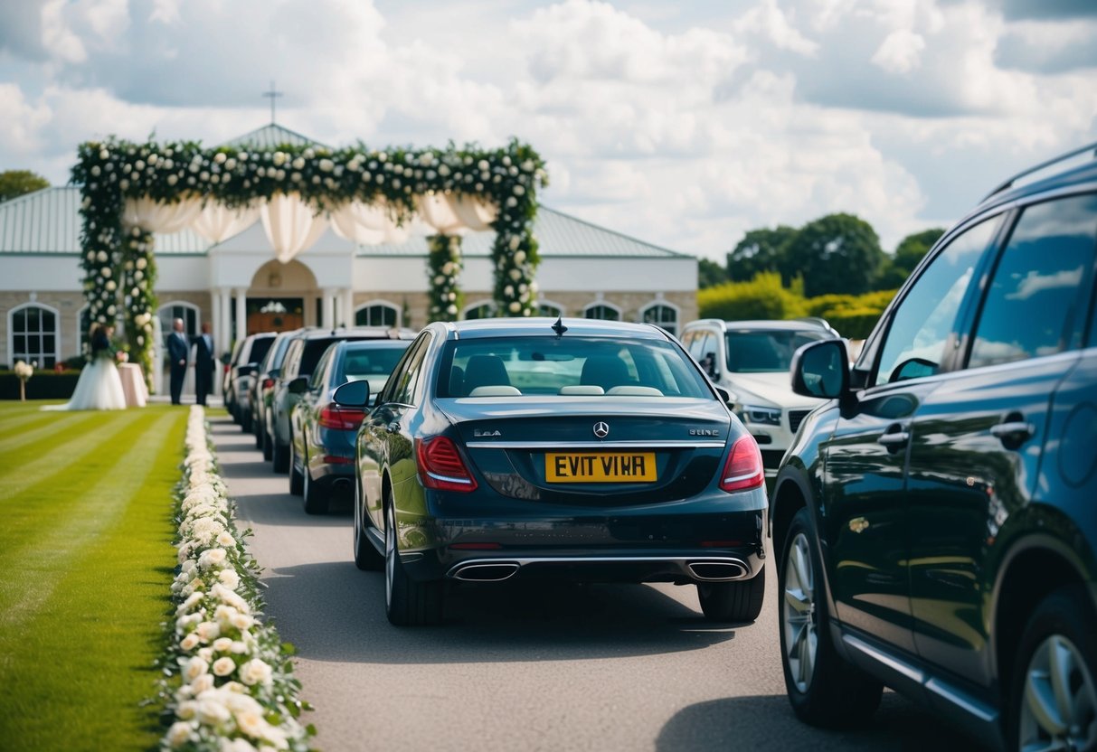 A line of vehicles approaching a grand wedding venue, with the first car pulling up to a decorated entrance