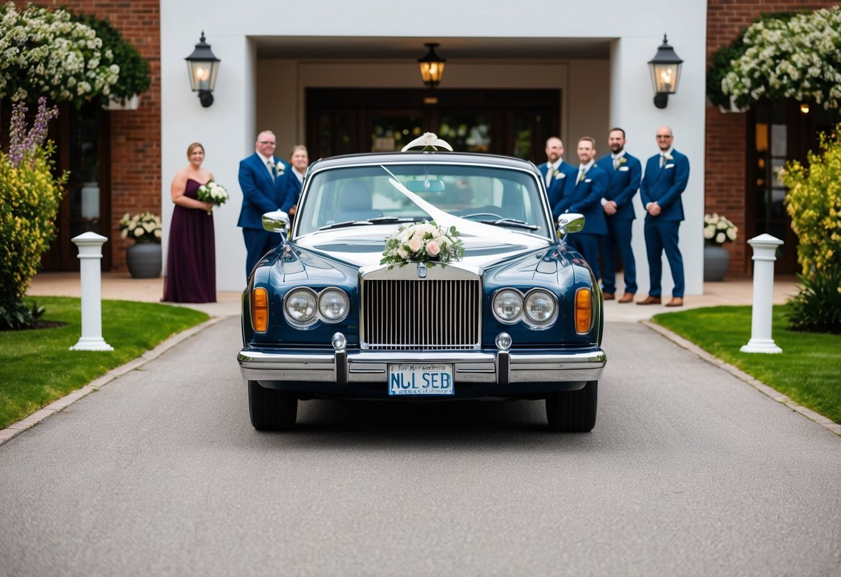 A decorated car pulls up to the wedding venue's entrance, the first to arrive for the ceremony