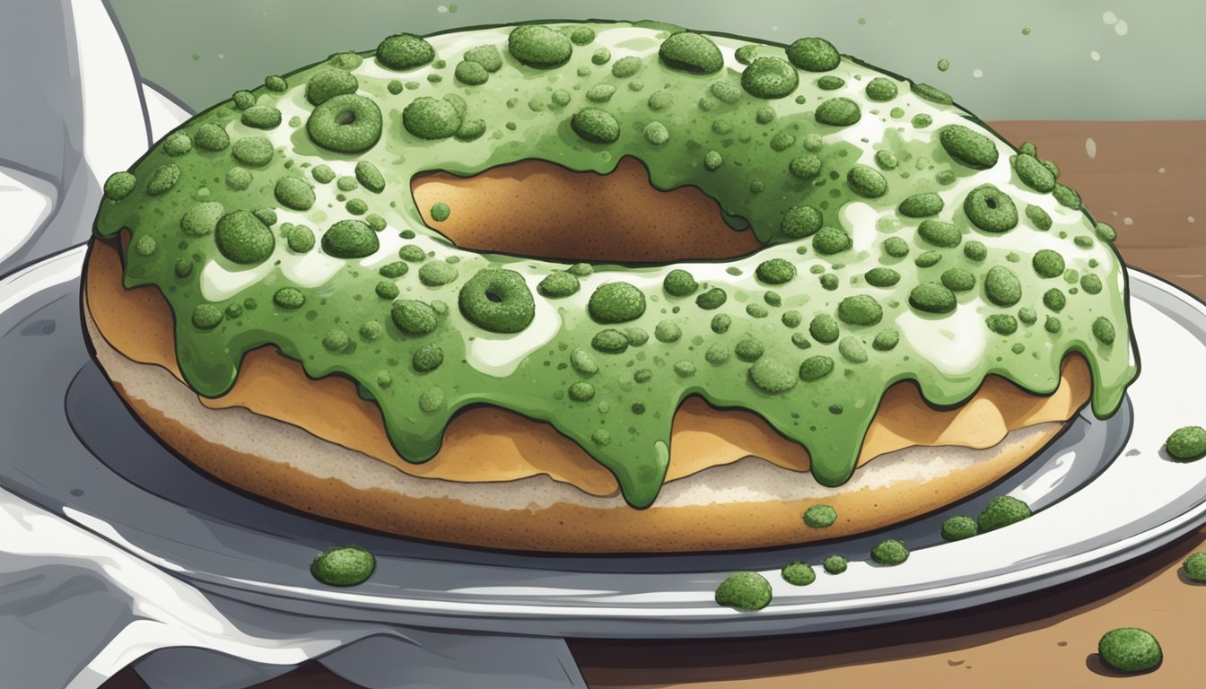 A moldy bagel sits on a plate, covered in green and white spores, with a musty smell lingering in the air