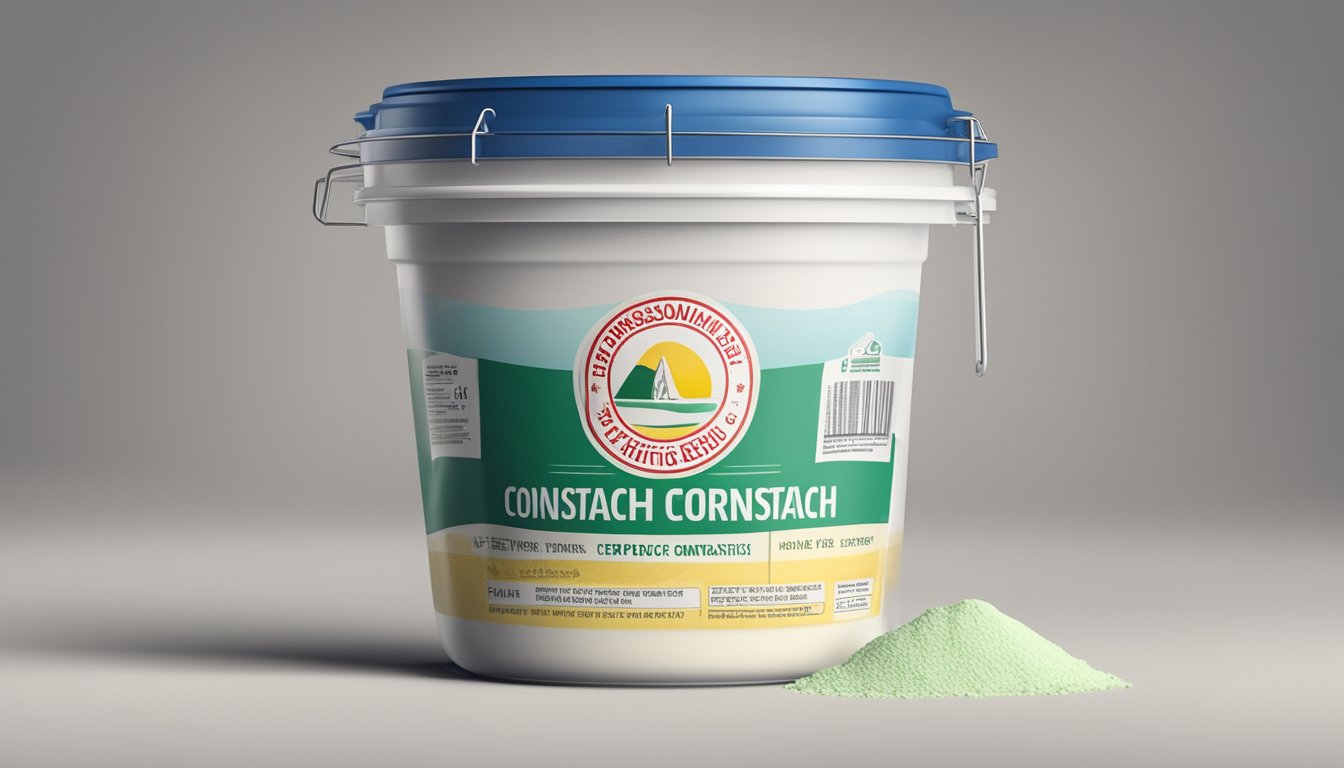 An open container of expired cornstarch with a warning label