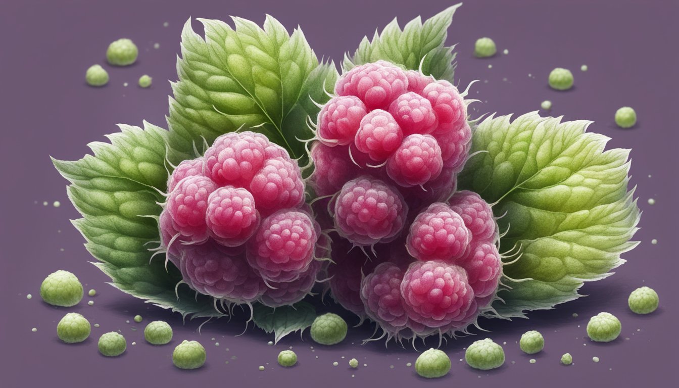 A close-up of a moldy raspberry with visible fuzzy green and white mold patches