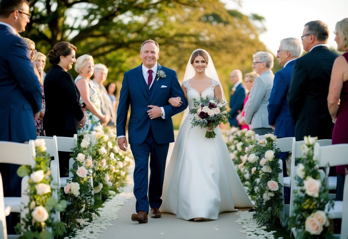 A figure escorts another down a flower-lined aisle