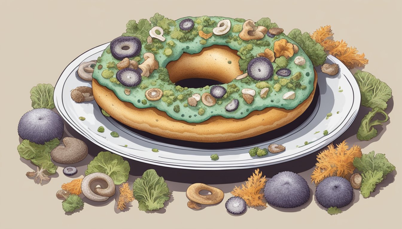 A moldy bagel sits on a plate, surrounded by various types of edible fungi