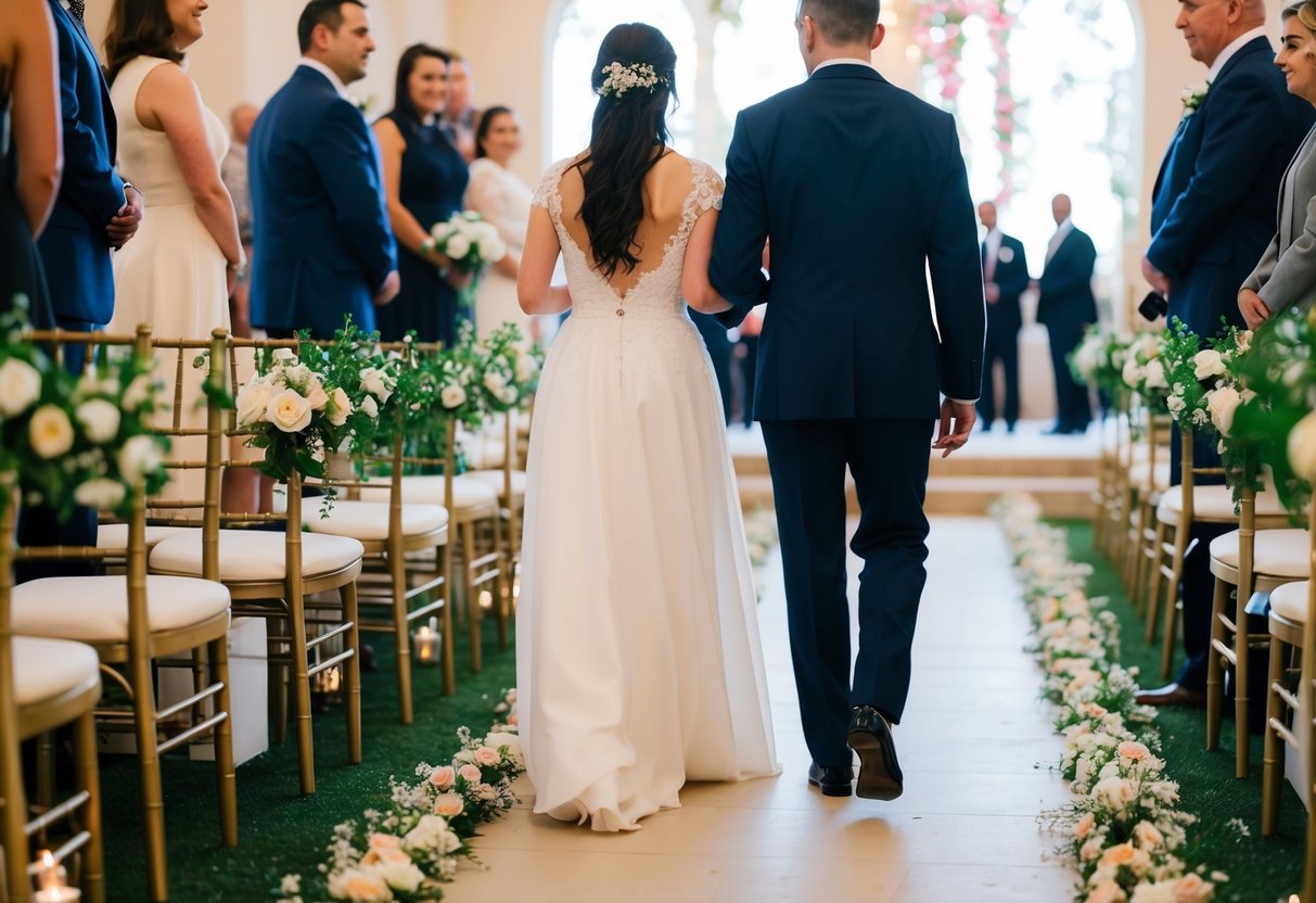 A figure guiding another figure down a flower-lined aisle