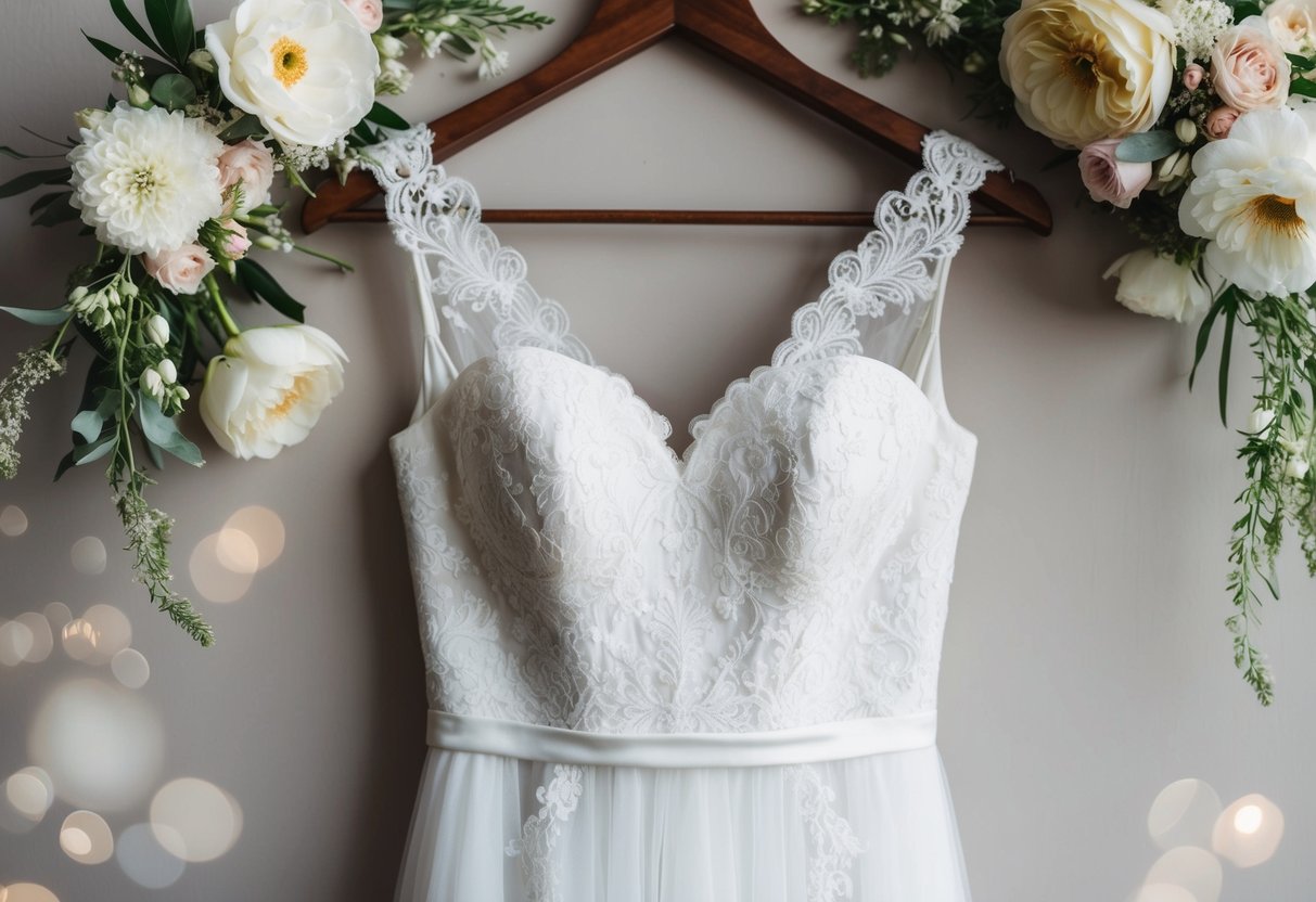 A white wedding dress hangs on a wooden hanger, surrounded by delicate lace and floral details
