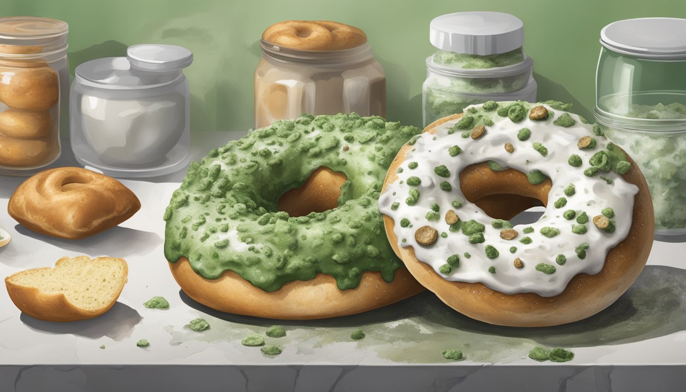 A moldy bagel sits on a kitchen counter, surrounded by other food items. The bagel is covered in green and white mold, and there are visible signs of decay