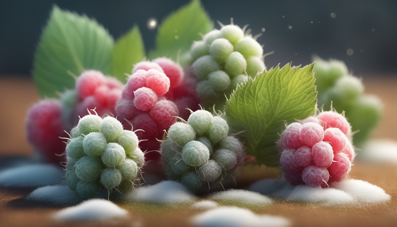 A cluster of raspberries covered in fuzzy white and green mold, with visible signs of decay and spoilage