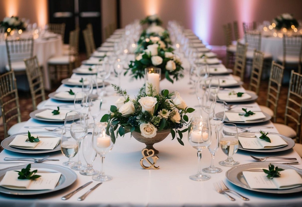 A wedding reception with a long banquet table, adorned with elegant place settings and floral centerpieces. The bride's seat is marked with a decorative sign or symbol