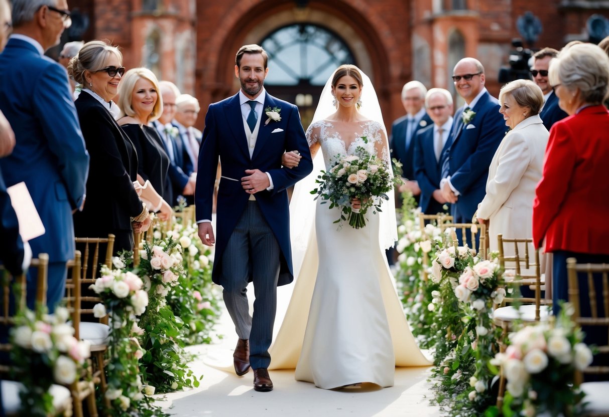 A figure escorts another down the aisle, surrounded by flowers and guests