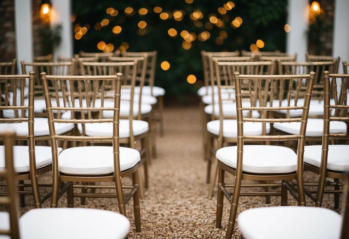 A wedding ceremony seating plan with two rows of chairs facing each other