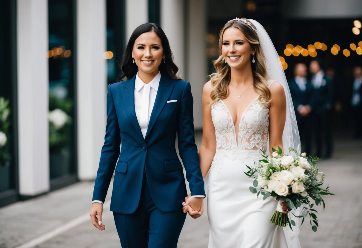 A woman in a modern suit walks alongside a beaming bride, both holding hands and smiling