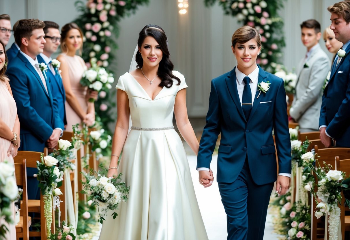 A woman in a formal dress walks down the aisle with a young man in a suit. They are surrounded by flowers and decorative elements