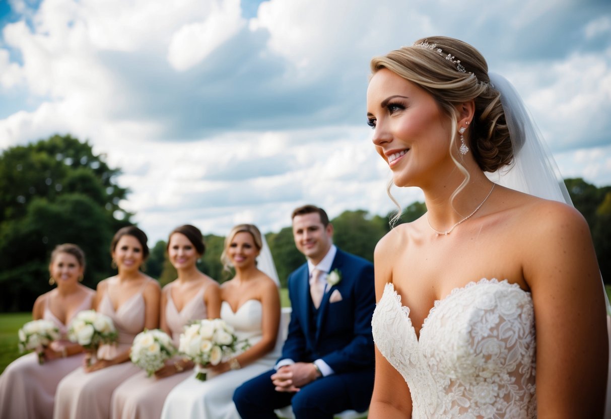 The bride is seated on the right side while the bridal party is positioned around her
