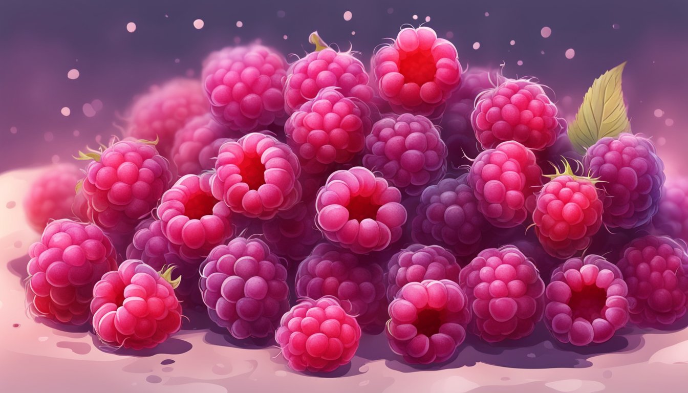 A pile of raspberries with visible mold spots, some slightly fuzzy and discolored