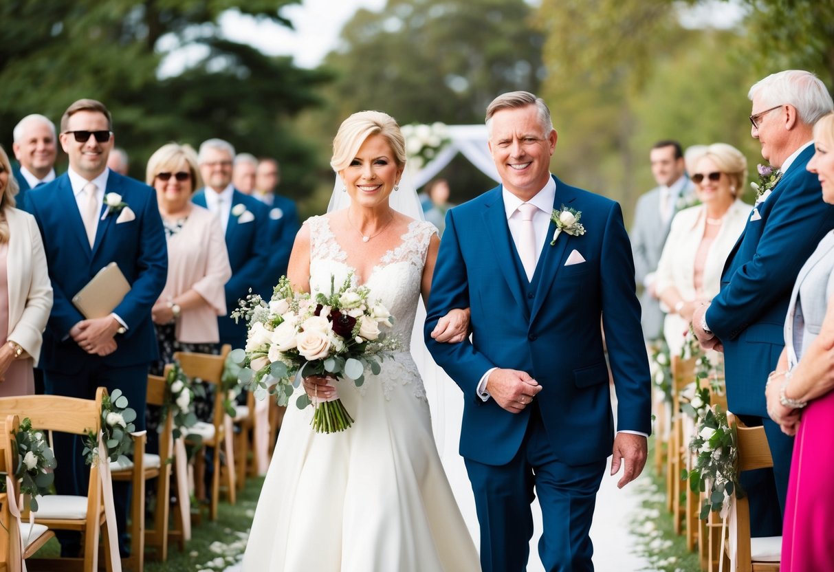 The mother of the groom is escorted down the aisle by a family member or close friend, with flowers in hand and a smile on her face