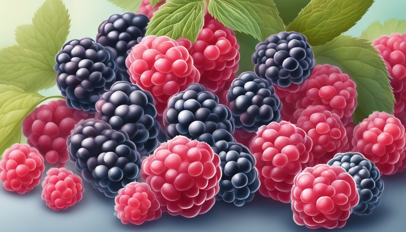 A close-up of a cluster of raspberries with visible mold growth on some of the berries, set against a blurred background of more raspberries