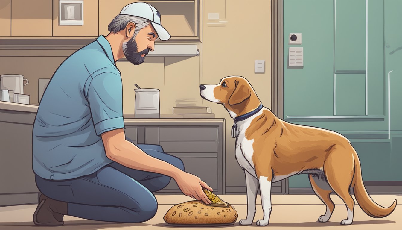 A worried dog owner holding a loaf of moldy bread, while a concerned veterinarian advises against feeding it to the dog