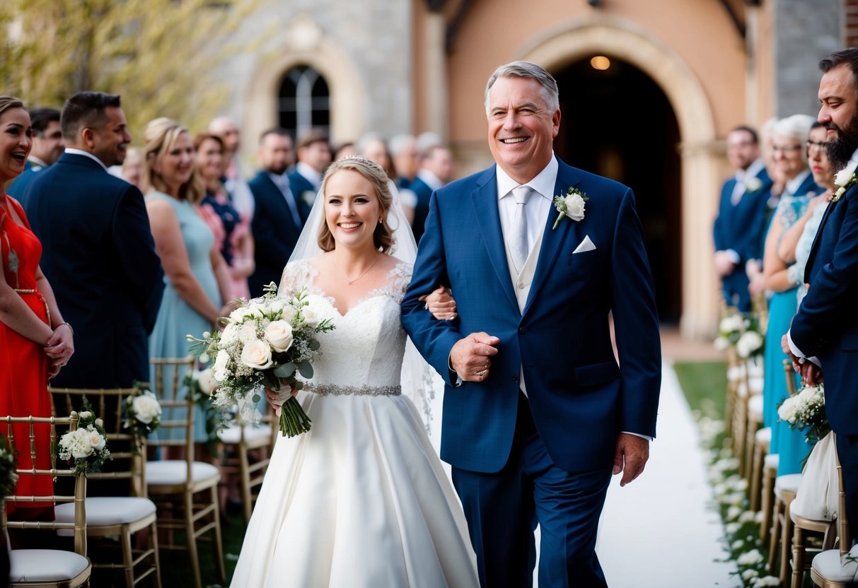 A father walks proudly beside his daughter, beaming with joy as he escorts her down the aisle