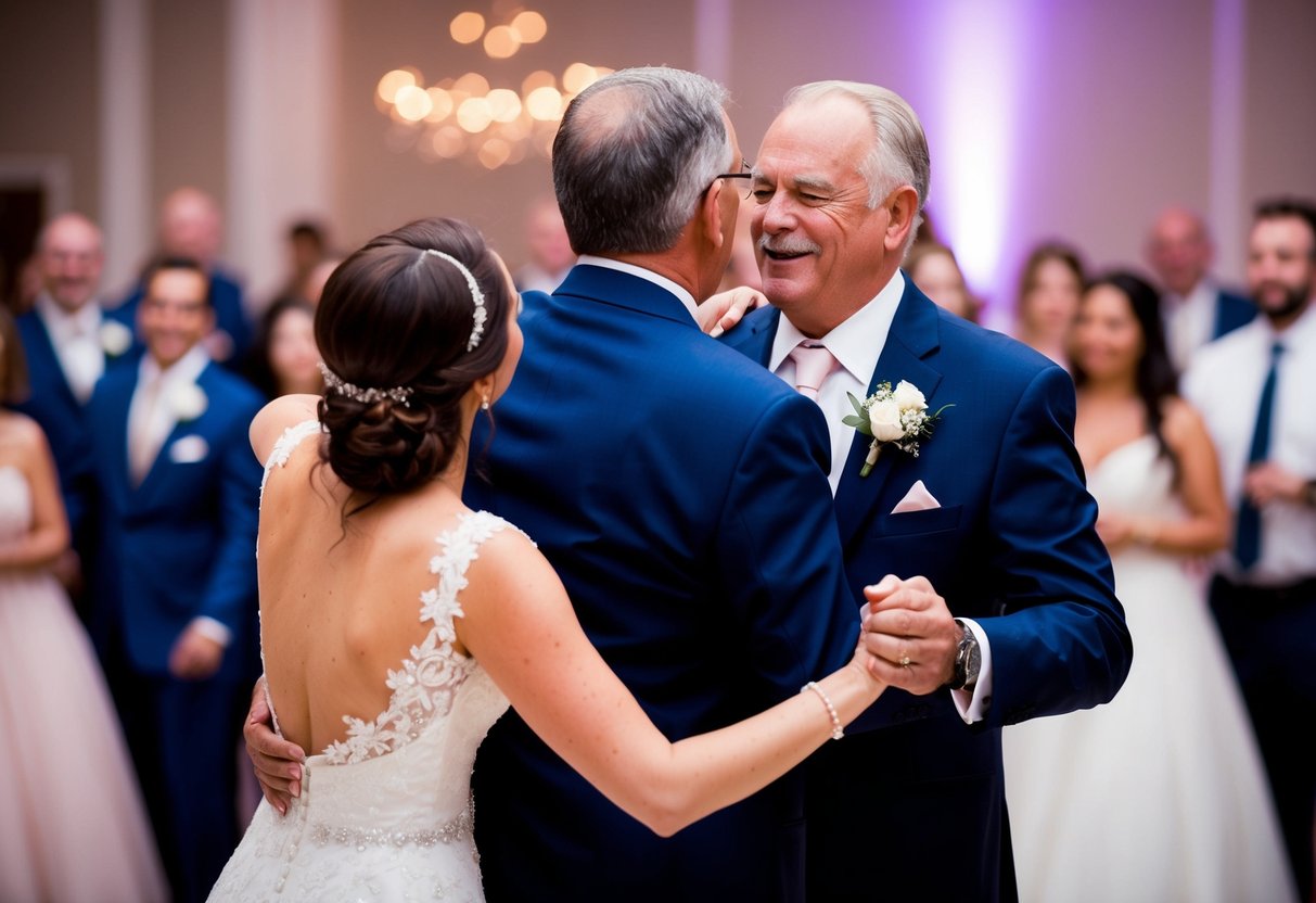 The bride and groom's father dance together at the wedding
