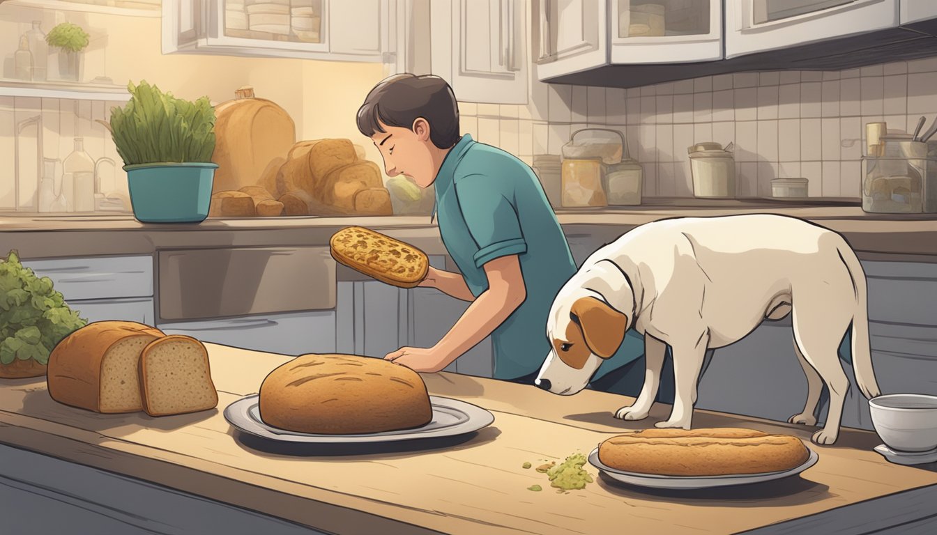 A dog eagerly sniffing a loaf of moldy bread, while a concerned owner pulls it away