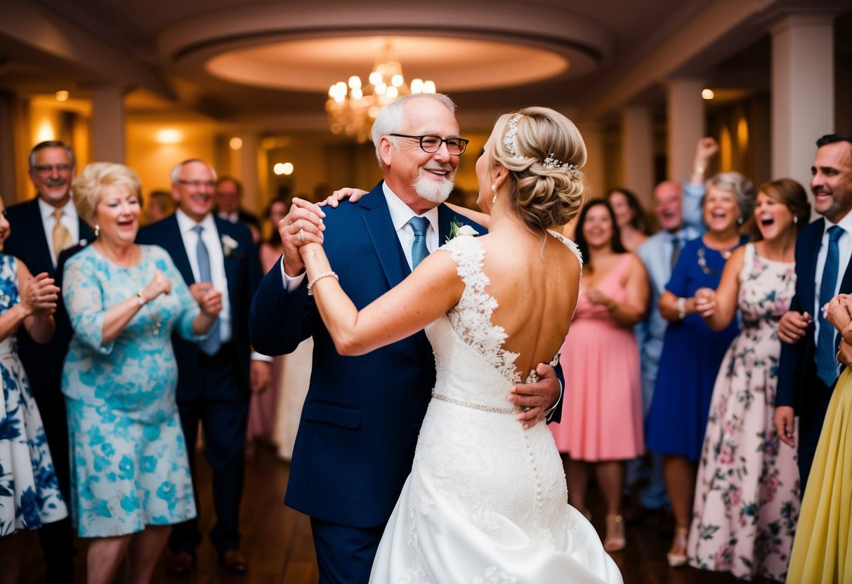 A bride and the groom's father dance together, surrounded by joyful wedding guests