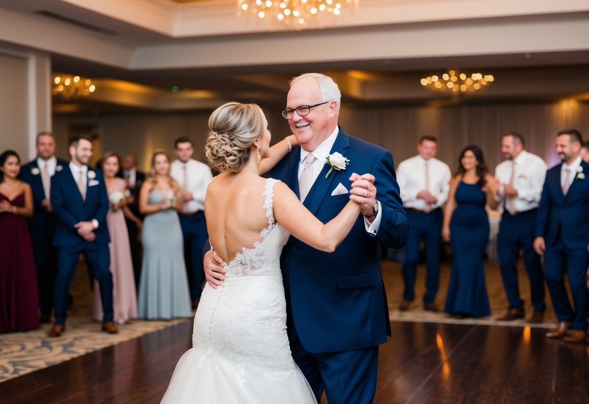 The bride and groom's father dance on the reception floor