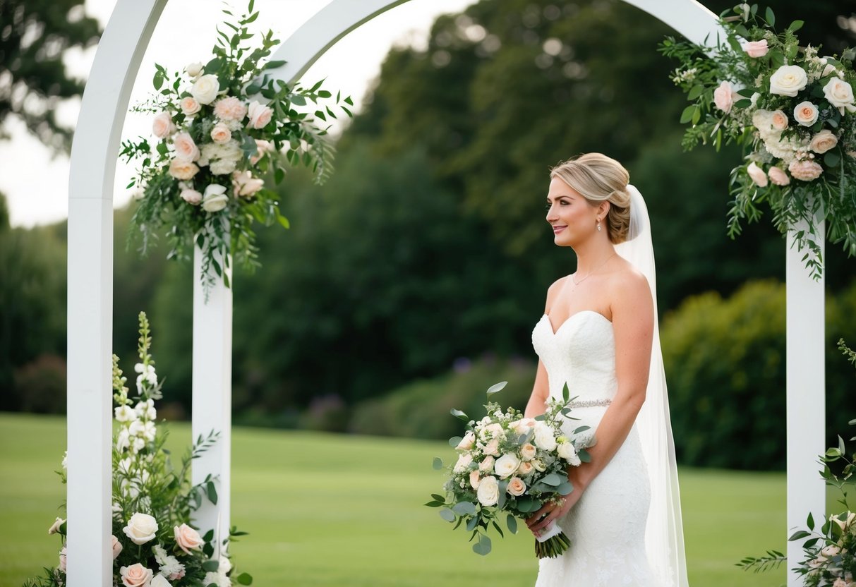 A bride stands on the right side of a wedding arch, surrounded by flowers and greenery