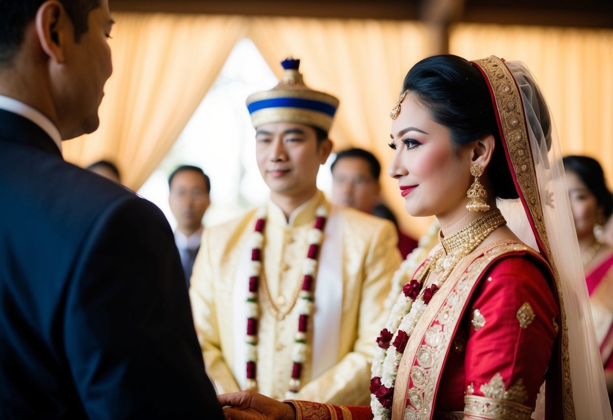 A traditional wedding ceremony with the bride standing on the right side of a historical and cultural context