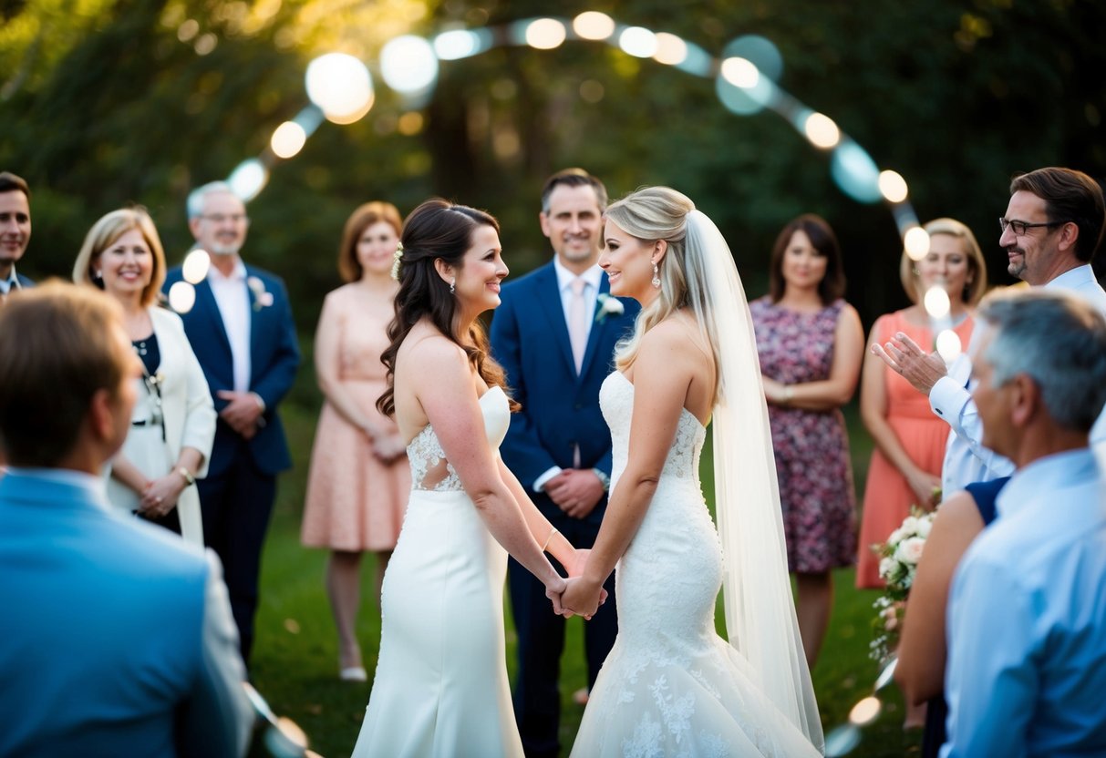A bride and a man stand facing each other, surrounded by a circle of people