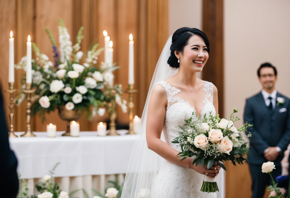 A bride stands on the right side of a wedding altar, surrounded by flowers and candles, with a serene and joyful expression on her face
