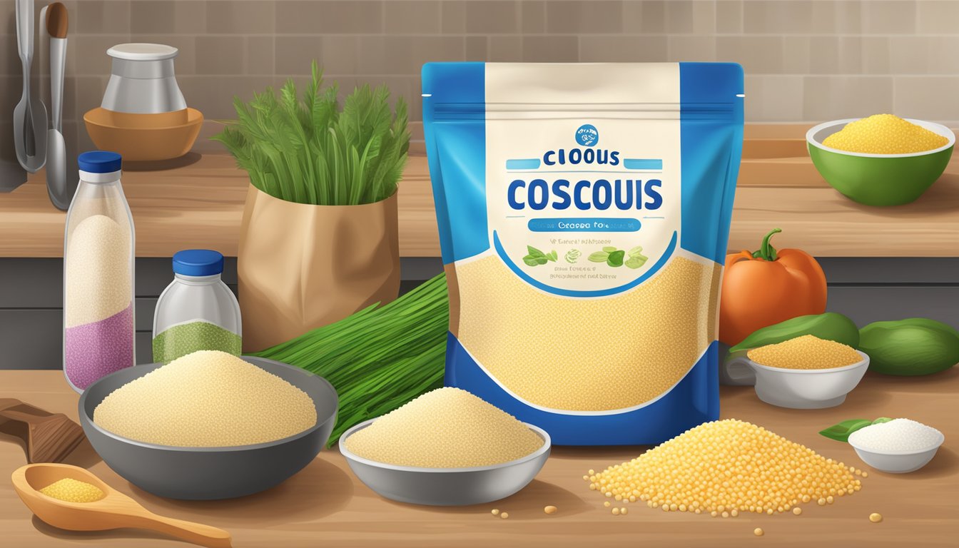 A bag of couscous with an expiration date visible on the packaging, surrounded by various kitchen ingredients and utensils on a countertop