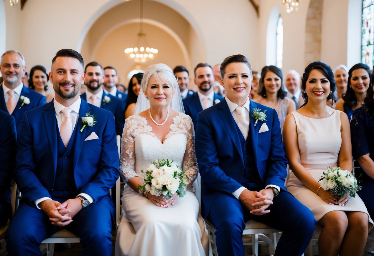 The groom's mother sits in the front row, to the left of the aisle, surrounded by family and friends