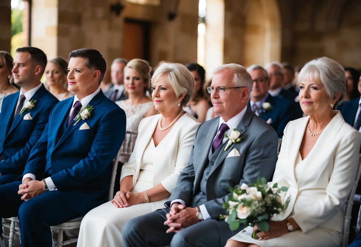 The groom's mother sits in the front row on the left side of the aisle, opposite the bride's mother