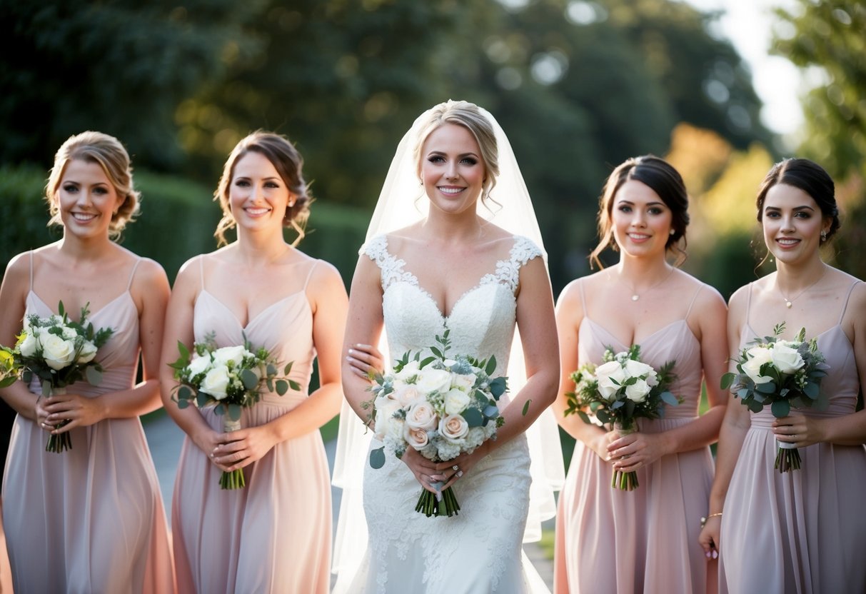 Bride leads bridesmaids down aisle