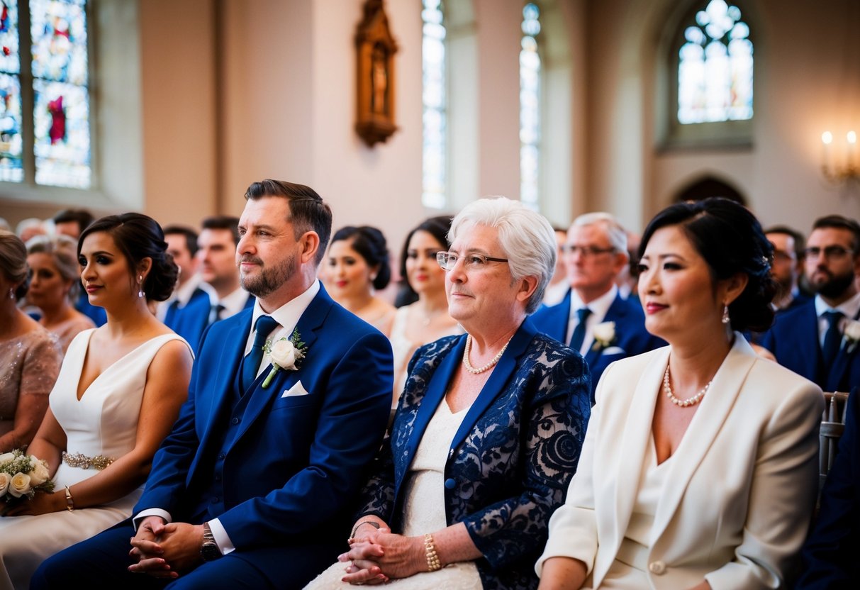 The groom's mother is seated in the front row on the left side, facing the altar