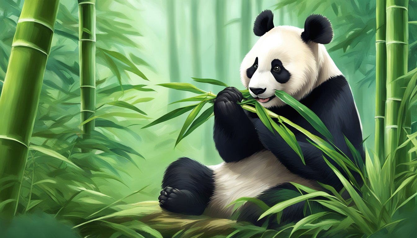 A panda munches on bamboo leaves in a lush forest clearing