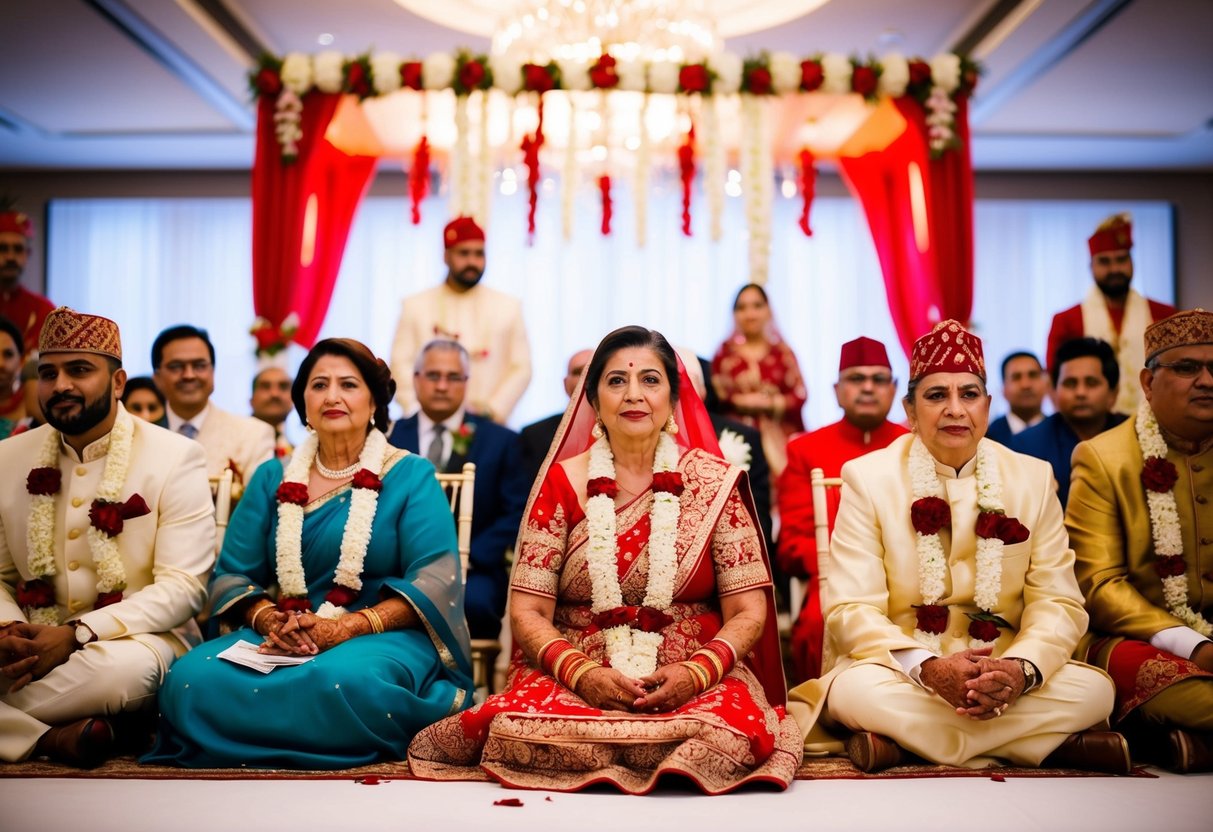 The groom's mother sits in a prominent position near the front of the ceremony space, surrounded by family members and adorned with traditional cultural attire