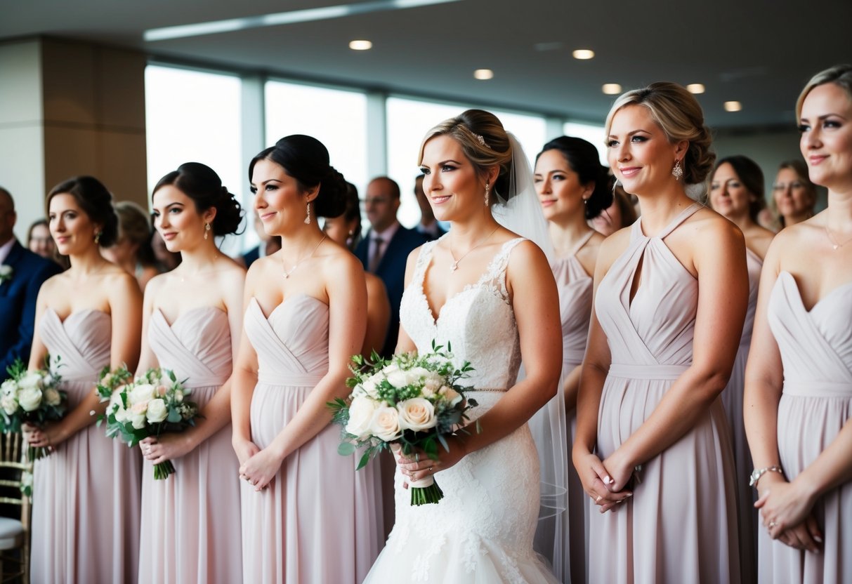 A bride and her bridesmaids stand in a line, waiting to enter a ceremony. The bride is positioned at the front, leading the way