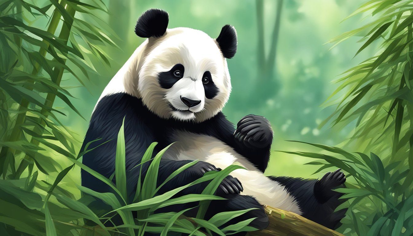 A panda munches on bamboo leaves, surrounded by lush greenery and a peaceful forest backdrop