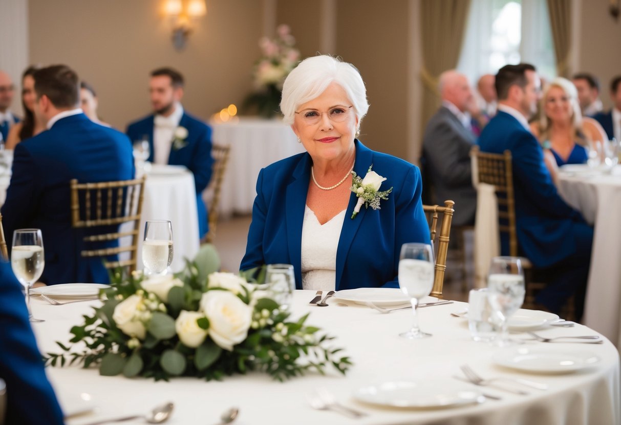 The groom's mother sits at a designated table in the reception area, near the front of the room and close to the head table
