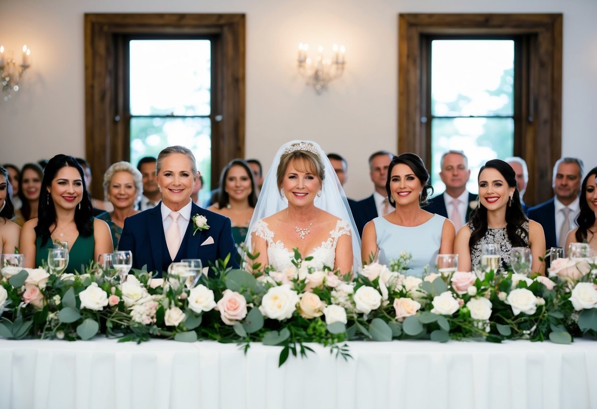 The mother of the bride sits at the center of the head table, adorned with elegant floral decorations and surrounded by her family and close friends