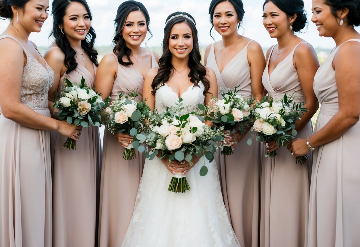 The bride stands in the center, surrounded by her bridesmaids, each holding a unique bouquet