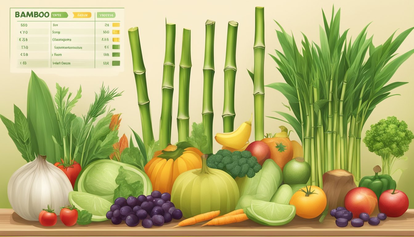 A bamboo shoot surrounded by various fruits and vegetables, with a nutritional composition chart in the background