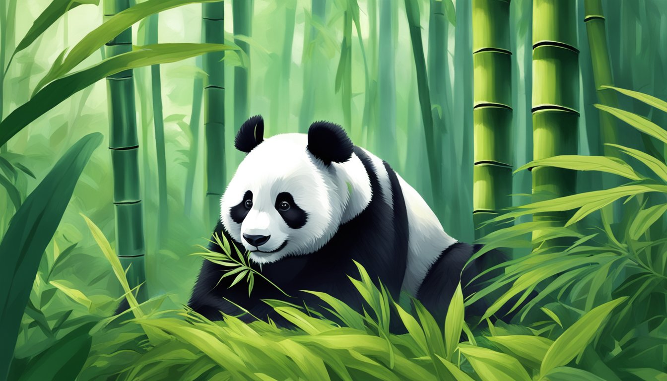 A panda peacefully munching on bamboo leaves in a lush forest clearing