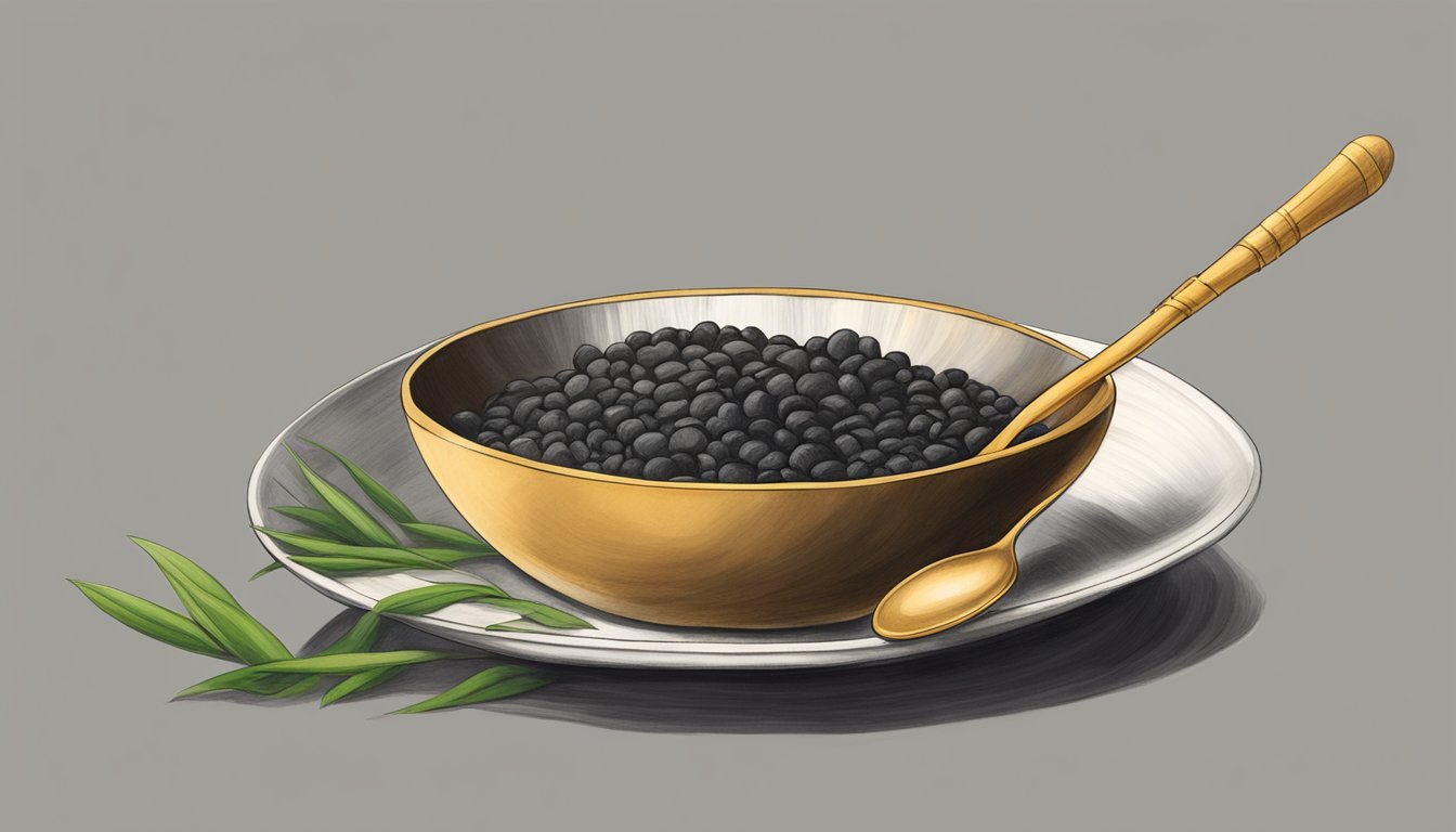 A bowl of bamboo charcoal-infused food with a spoon beside it